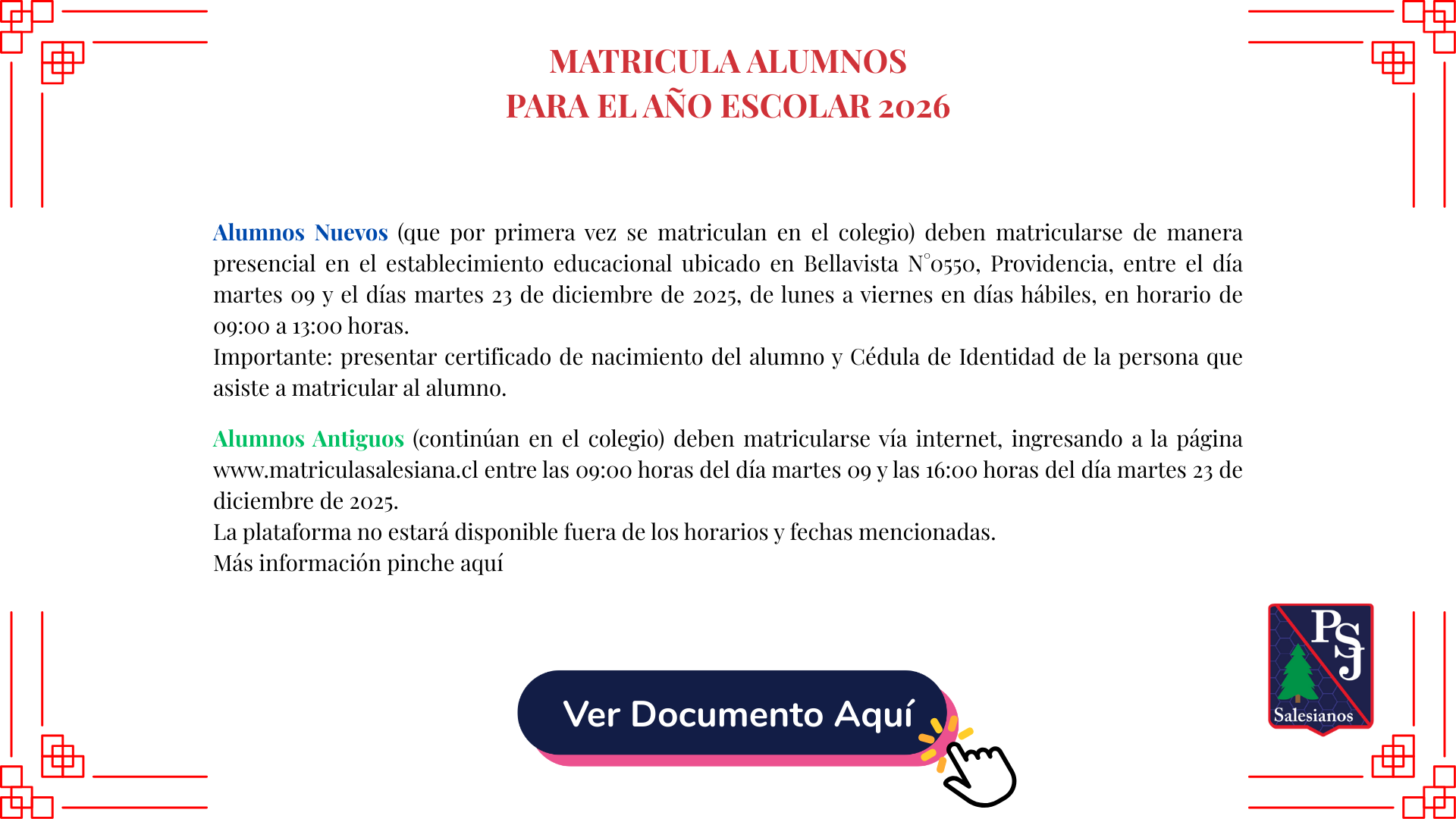 MATRICULA ALUMNOS PARA EL AÑO ESCOLAR 2026